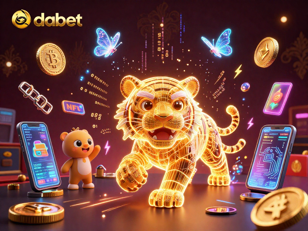 Experience vibrant gaming with dabet's neon tiger illuminating a digital casino landscape filled with crypto elements.