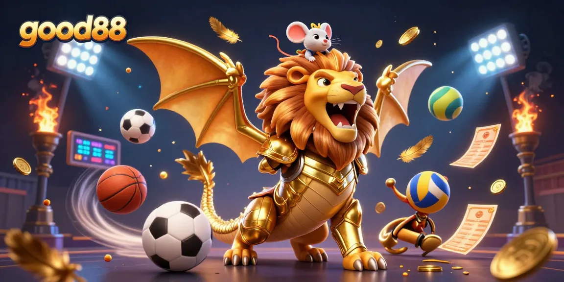 Experience the thrill with good88's vibrant betting scene featuring a triumphant chimera and dynamic sports elements.