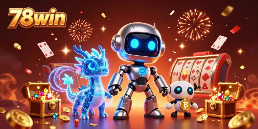 Engage with the vibrant 78win casino scene featuring a cyberpunk robot and enchanting dragon, celebrating winnings.