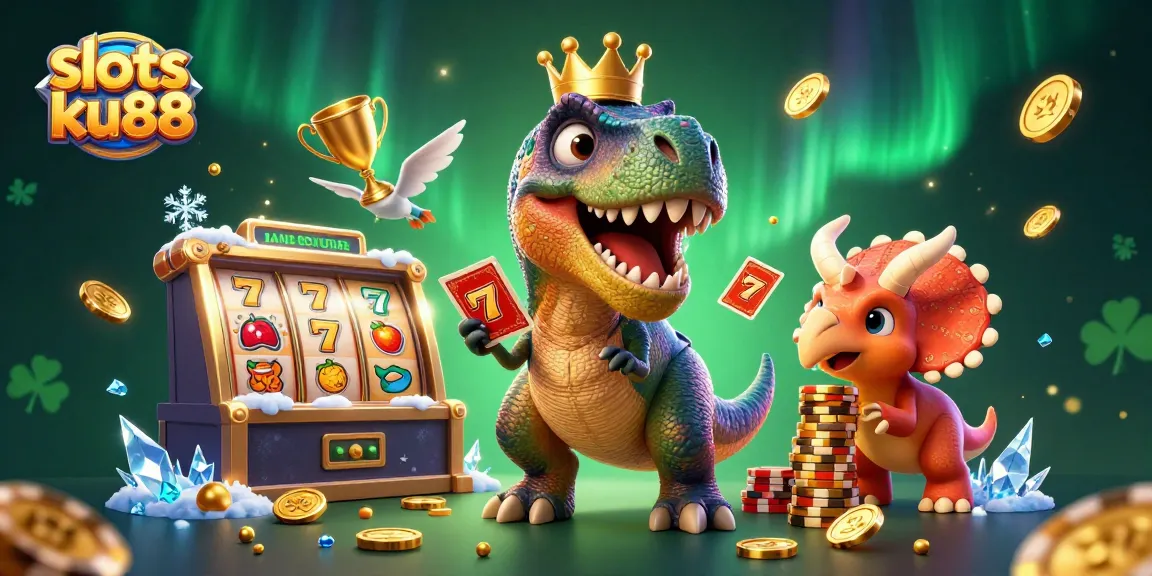 Engage with slots ku88's exciting 3D cartoon gaming scene featuring a T-Rex as it shuffles cards.