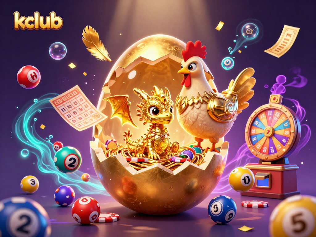 An engaging illustration of kclub showcasing a golden dragon on poker chips surrounded by dynamic lottery elements, creating a vibrant casino atmosphere.