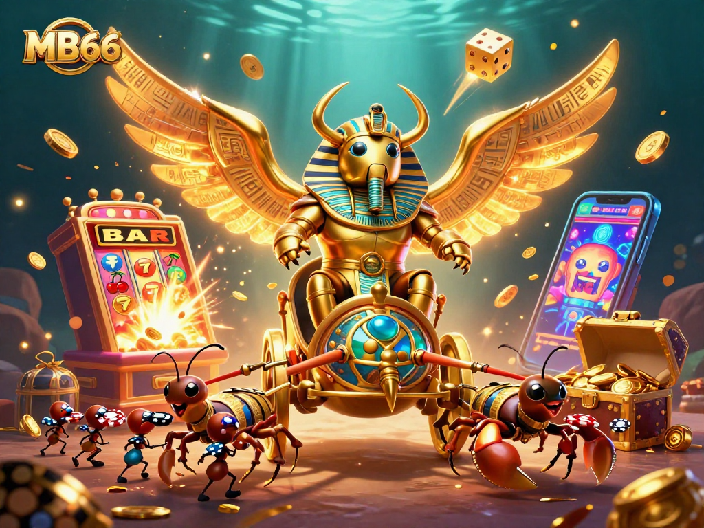 Spin to win big at MB66 with a golden chariot and jackpot adventures in this dynamic casino scene.