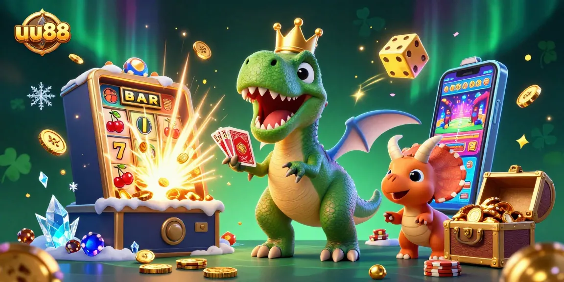 uu88 showcases a vibrant casino atmosphere with a playful T-Rex and friends at the slot machines.