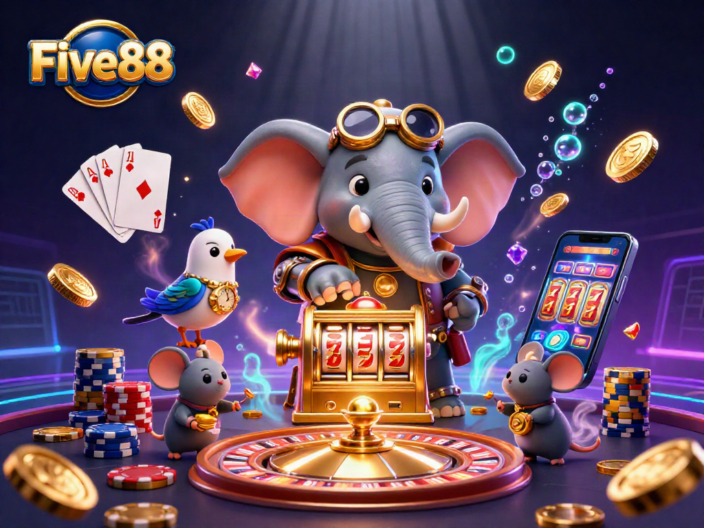 Experience thrilling wins at Five88 with a vibrant, action-packed casino scene featuring steampunk characters and games.