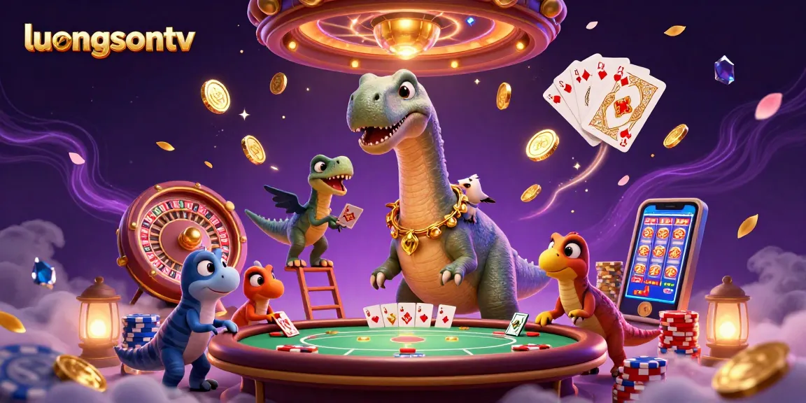 luongsontv showcasing a fun 3D cartoon casino scene with a brontosaurus and clever raptor