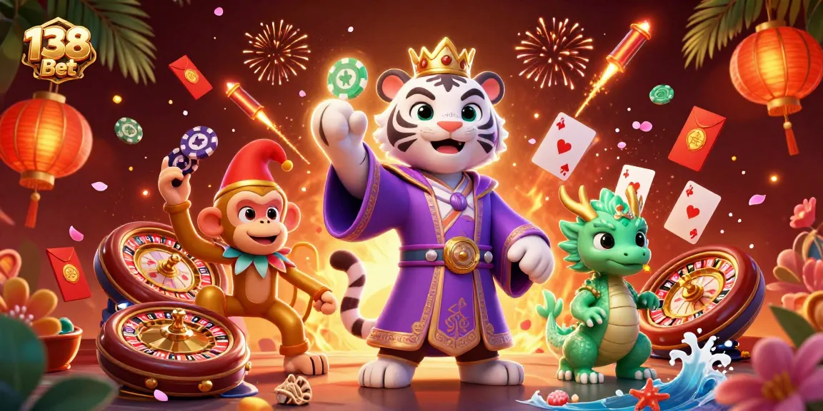 Play the exciting games at 138 Bet with a vibrant 3D scene showcasing casino elements.