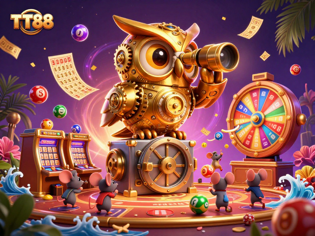Experience TT88's vibrant gaming atmosphere with a golden owl overseeing thrilling activities.