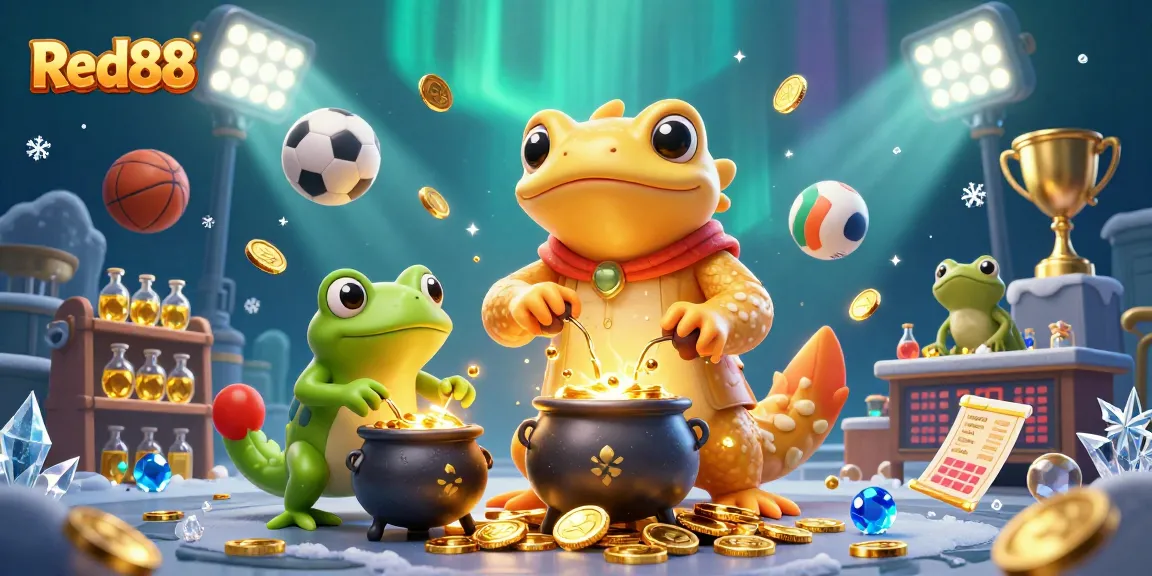 Join the Red88 gaming experience with a dynamic 3D illustration of alchemy and sports betting.