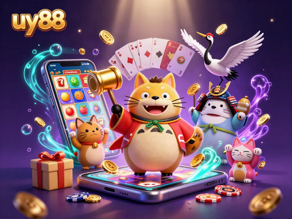 Engage with uy88's thrilling slot games featuring a cheerful tanuki and mystical props.