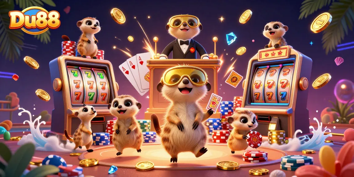 Du88 slots illustration with meerkats gaming in a vibrant casino setting, showcasing dynamic elements.