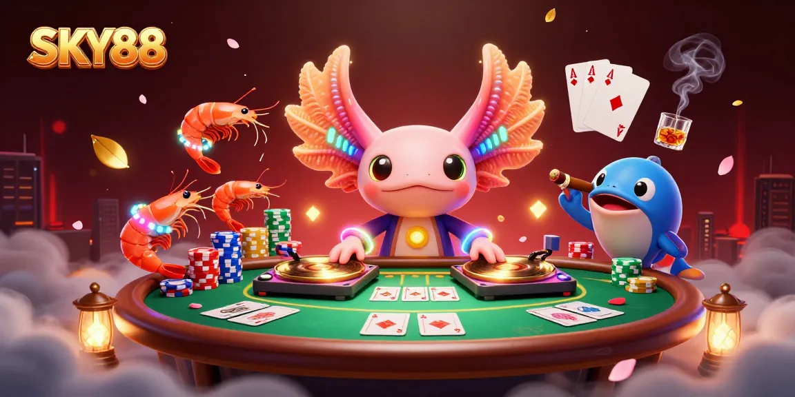 Join SKY88 for lively poker action with a neon axolotl DJ and vibrant sea creatures.