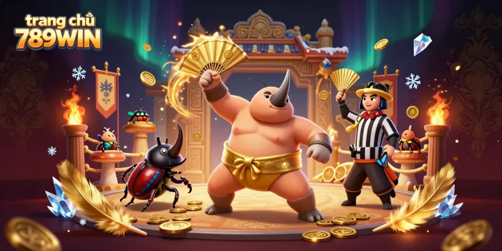Experience unmatched excitement with trang chủ 789WIN, featuring a dynamic 3D scene of a sumo beetle champion.