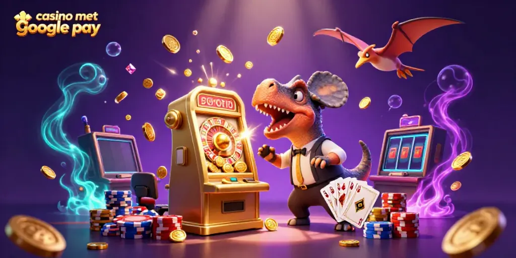 Dynamic scene of a pachycephalosaurus jackpot at a casino met google pay, with coins flying everywhere.