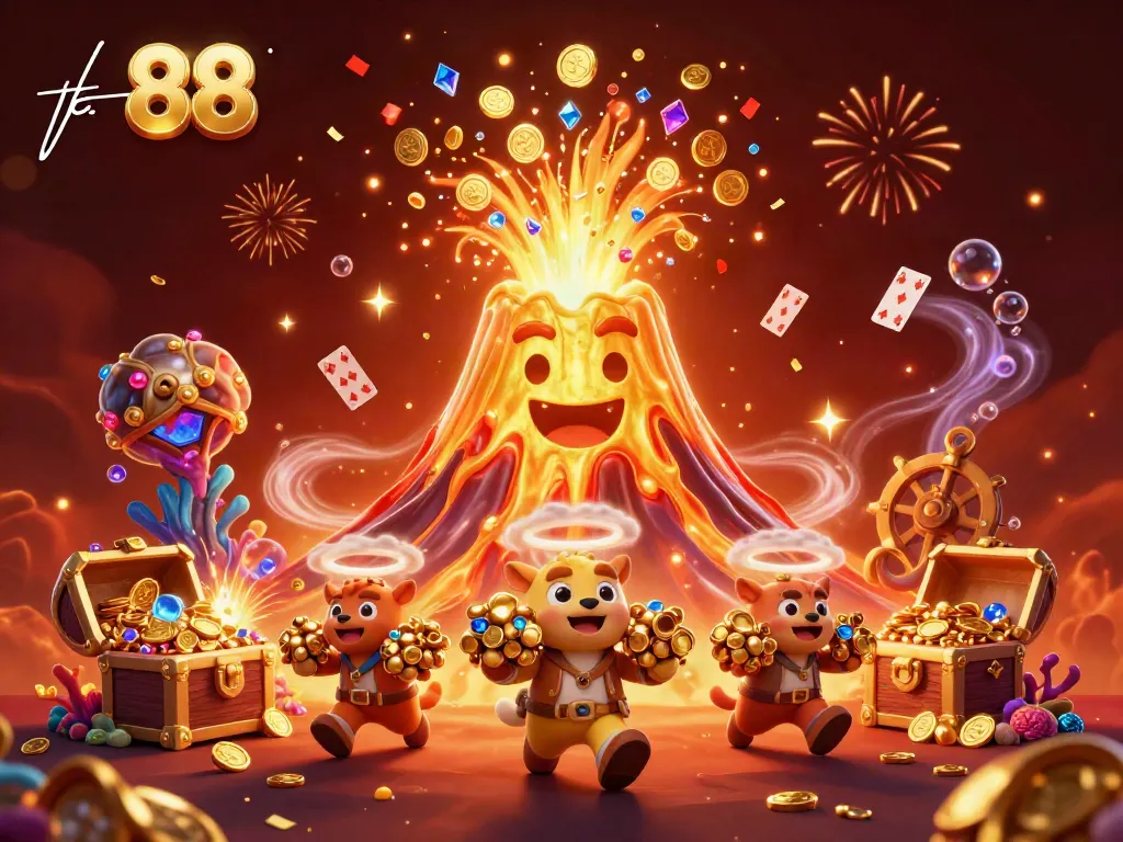 Win big at tk 88 with a colorful 3D illustration full of treasures and festive fireworks celebrating your casino success.