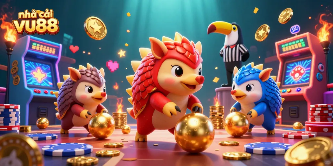 Engage with nhà cái vu88 as rival pangolins compete in a vibrant casino arcade scene.