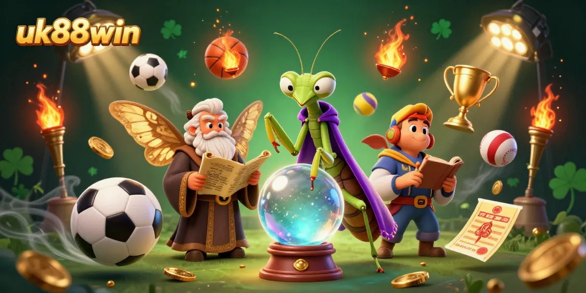 Experience the thrill of sports betting with uk88win’s magical scene featuring a fortune teller and sports elements.