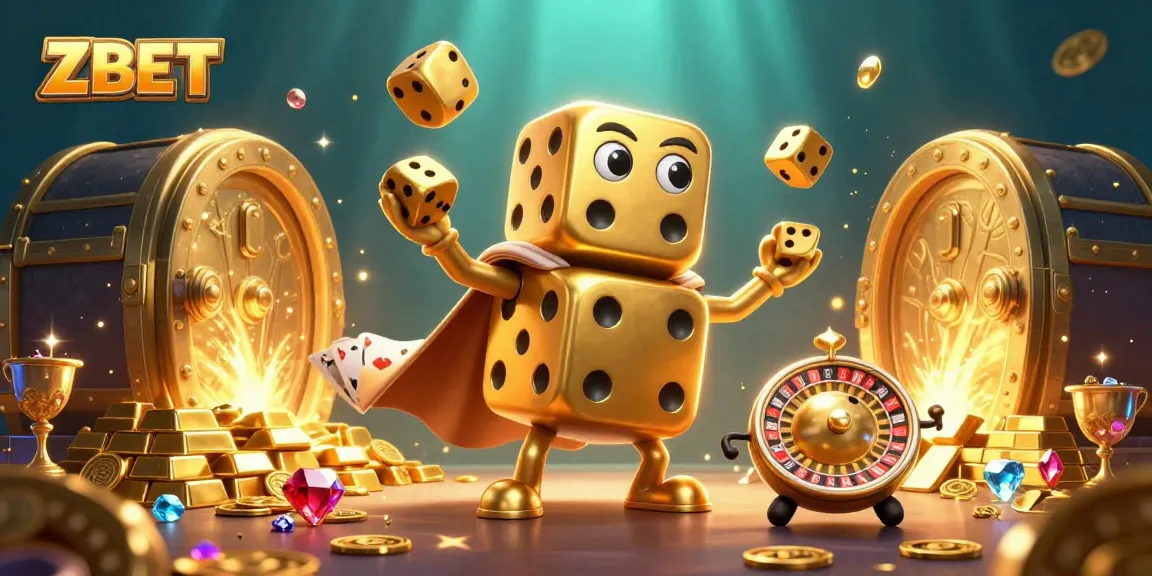 ZBET showcases a vibrant 3D cartoon scene featuring a golden dice golem, encapsulating the thrill of gaming.
