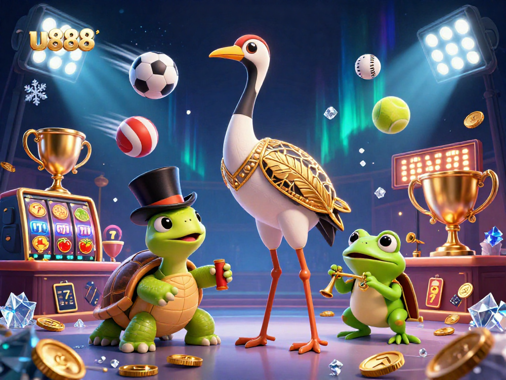 Engage with u888 through a vibrant casino-themed illustration featuring fun characters and dynamic gaming elements.