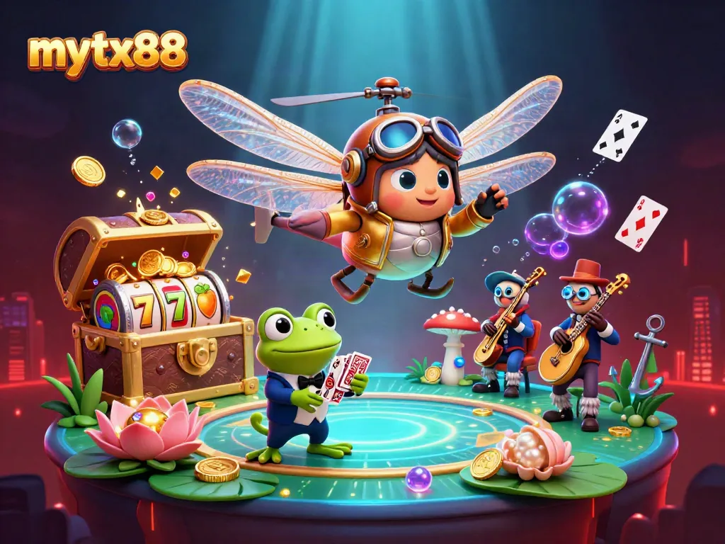 Experience exciting gameplay at mytx88 with a vibrant 3D illustration showcasing casino games and characters.