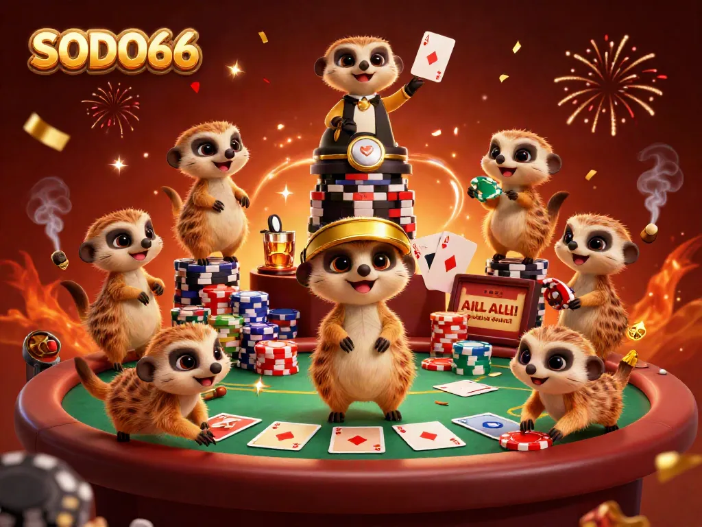 SODO66 casino scene with meerkats dealing cards and sneaking chips in a vibrant environment