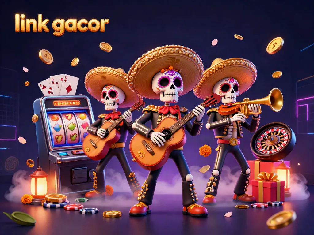 Spin the reels with link gacor as colorful skeleton musicians play in an exciting casino scene.