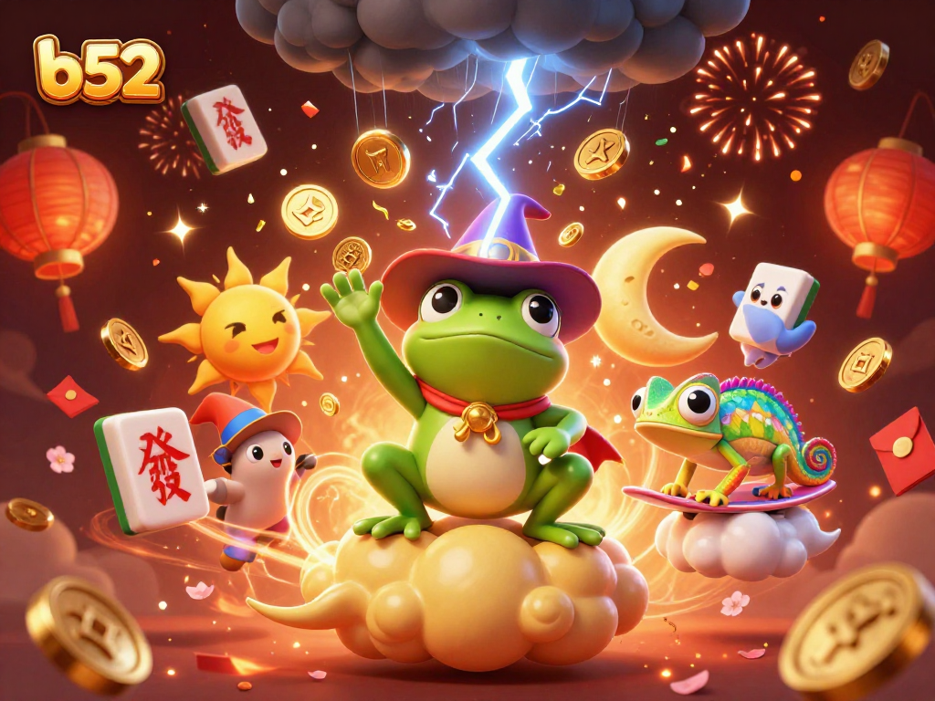 Experience thrilling wins at b52 with vibrant games and rich rewards in this festive illustration.