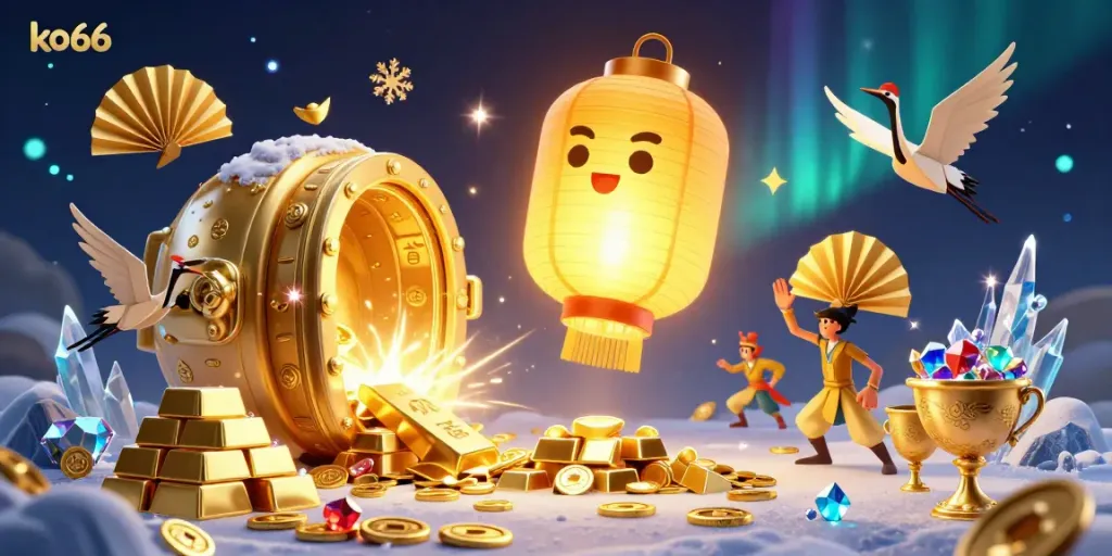 Experience the vibrant world of ko66 with a magical casino backdrop filled with treasures and lucky symbols.
