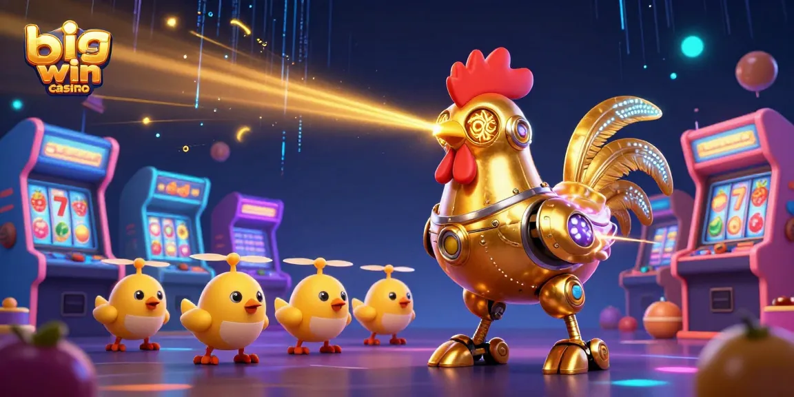 Experience big win casino magic with a retro-futuristic golden rooster robot and colorful game elements.
