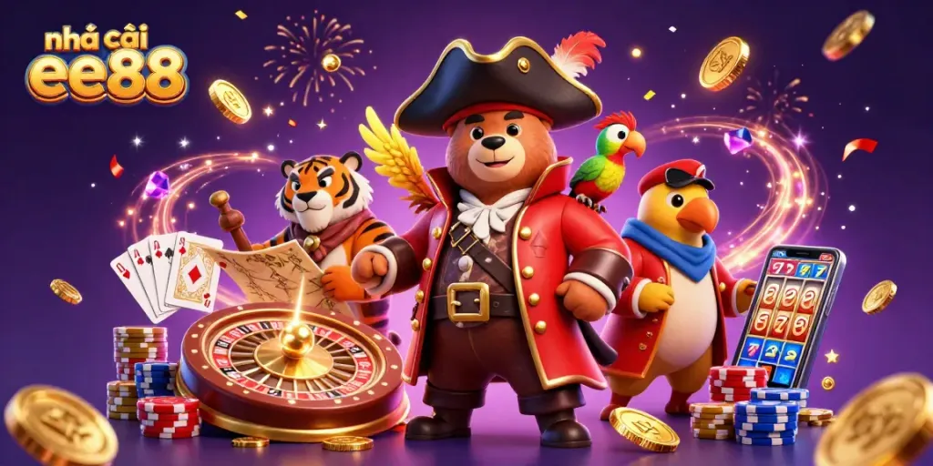 Engage in thrilling gameplay at nhà cái ee88 with vibrant casino elements, including coins and cards.