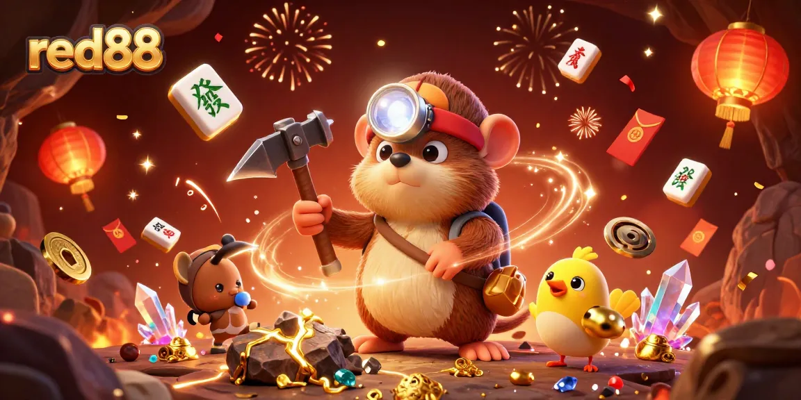 Engage with red88's vibrant gaming adventure featuring a treasure hunter and a canary amidst sparkling riches.