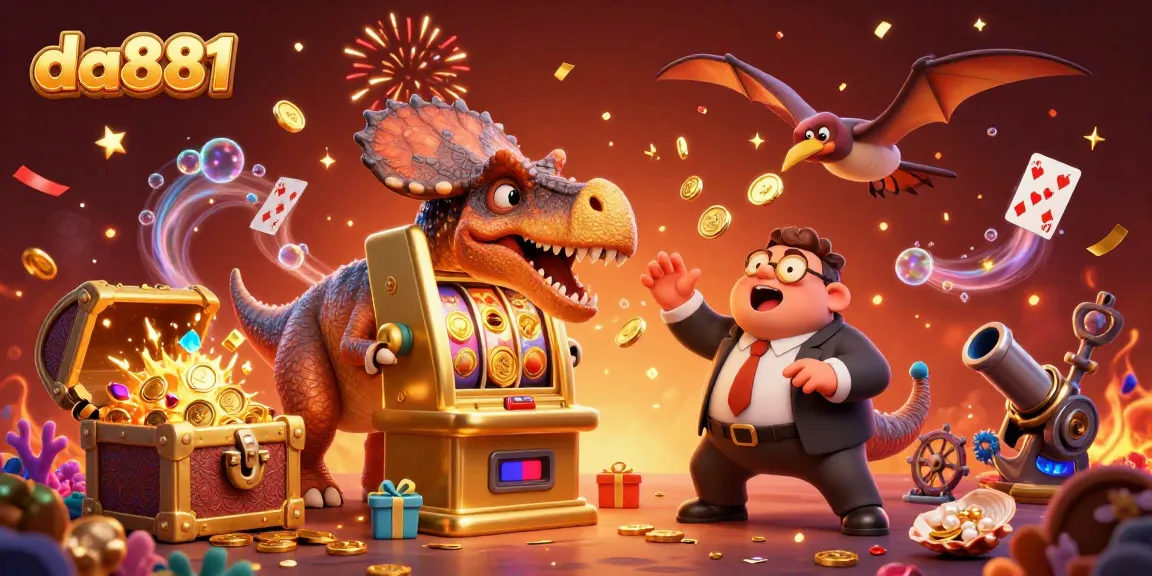 Experience the excitement of da881 as a dinosaur wins a jackpot from a slot machine amidst colorful casino elements.