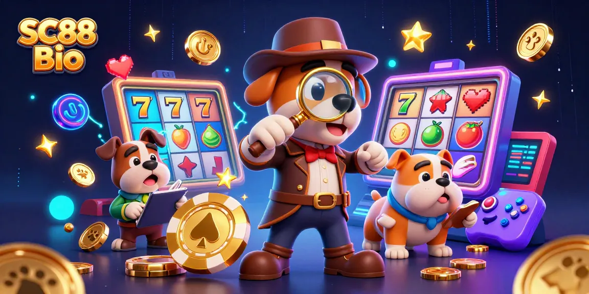 SC88 Bio showcases a detective and bulldog exploring a treasure of vibrant casino elements.