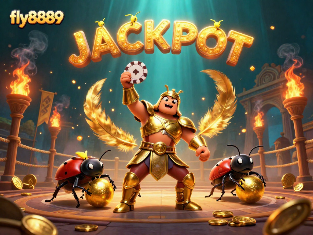 Experience the excitement of fly8889 as a cartoon hercules beetle celebrates a winning moment in a casino atmosphere.