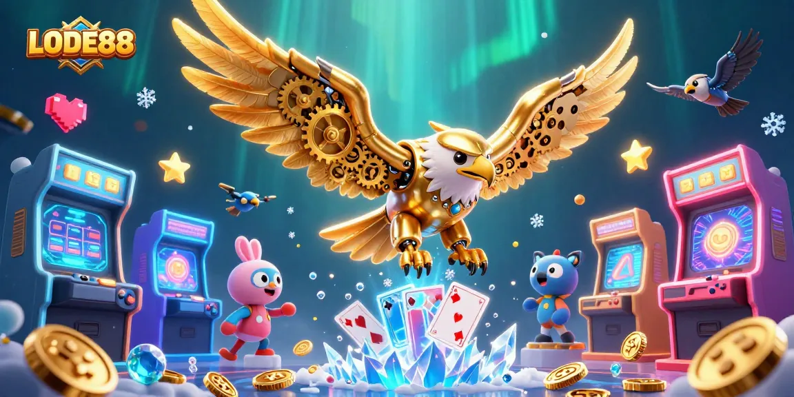 Experience LODE88's excitement with a golden eagle diving through holographic cards and vibrant gaming elements.
