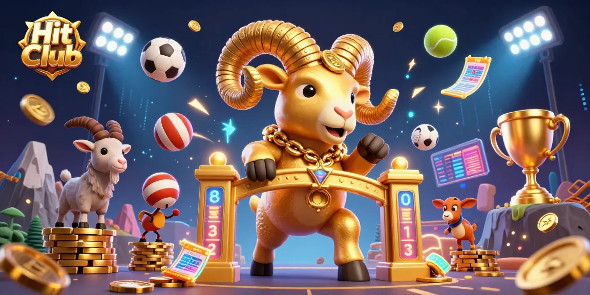 Hit Club's vibrant 3D illustration showcasing a golden ram charging golden gates, with energetic sports elements abound.