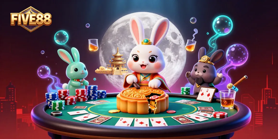 Participate in thrilling poker scenes with FIVE88 while the moon rabbit celebrates by crafting mooncakes.
