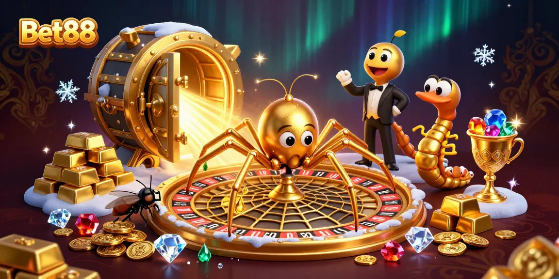 Experience thrilling bets at Bet88 with a golden roulette scene featuring dynamic characters.