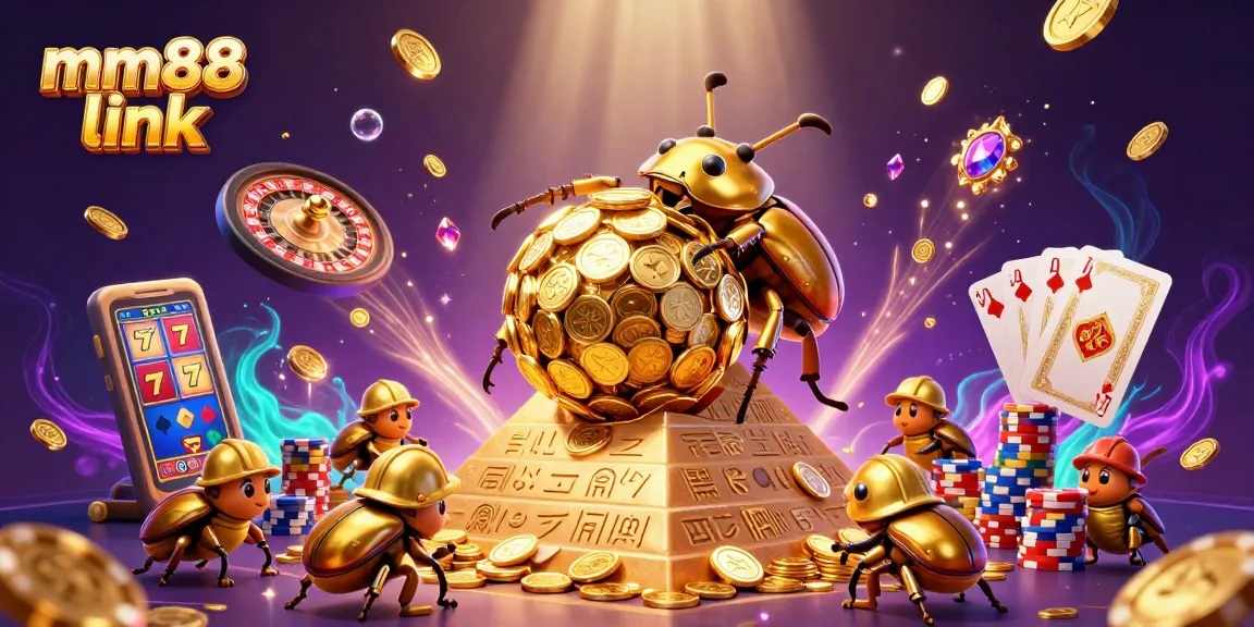 Experience the thrill of mm88 link with a colossal beetle rolling gold coins, surrounded by casino delights.