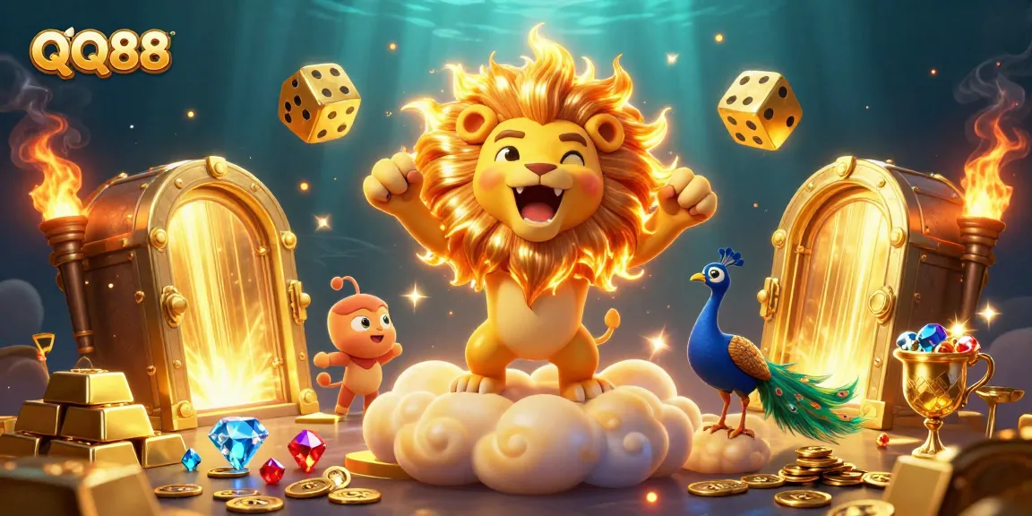 Experience the excitement of QQ88 with a vibrant, dynamic casino scene featuring treasure, dice, and a roaring sun lion.
