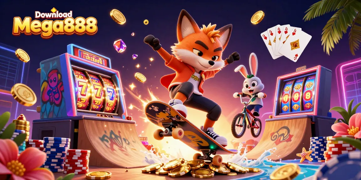 Experience the thrill to download mega888 and join the fun with vibrant characters in a lively casino scene.
