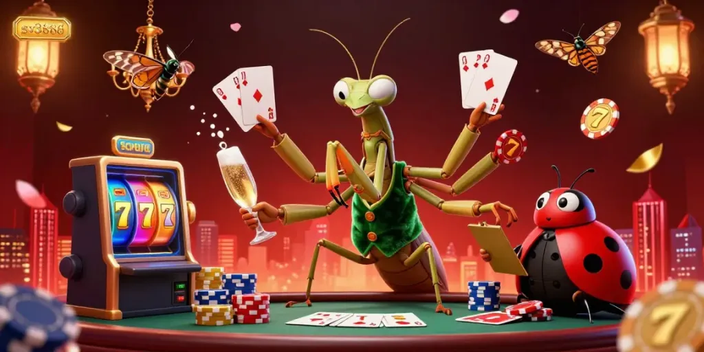 Experience the thrilling gameplay at sv3886 with lively characters amid vibrant casino elements like slot machines and poker chips.