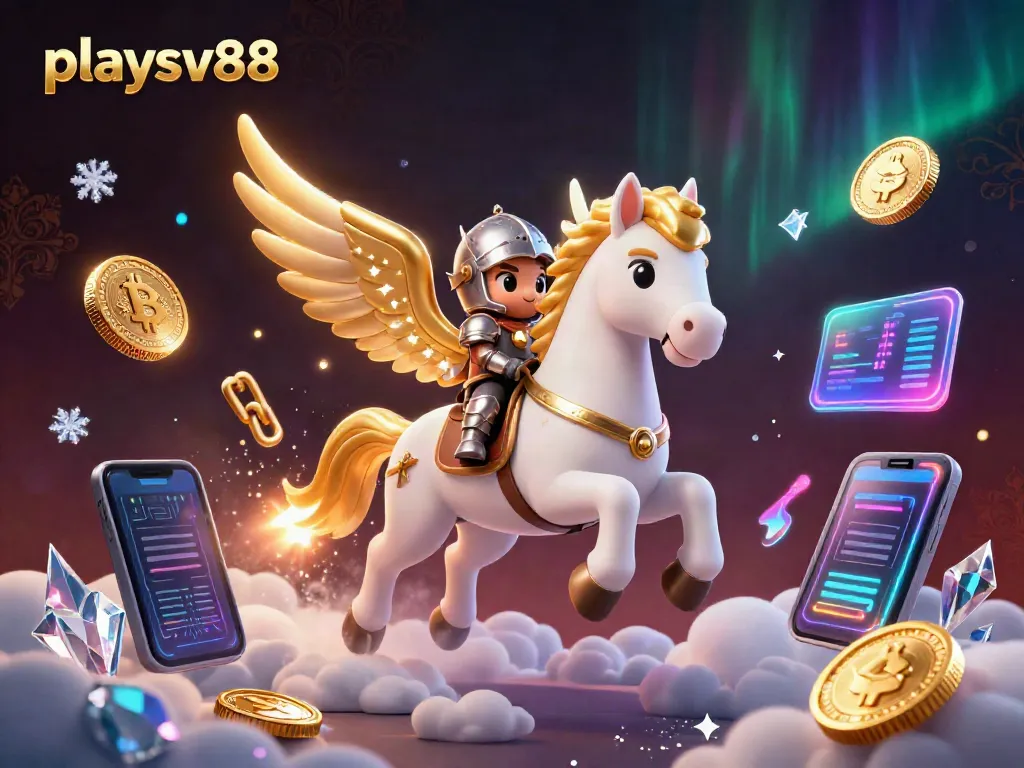 Experience thrilling gameplay at playsv88 with a dynamic 3D illustration of a celestial knight riding a white horse.