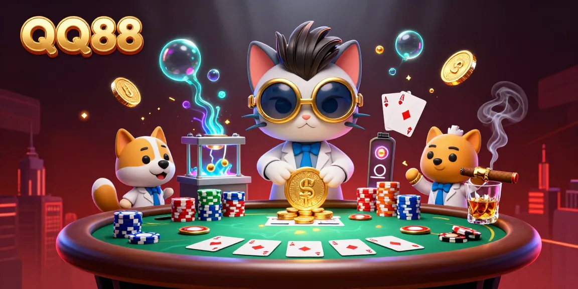 Experience QQ88 excitement with a mad scientist cat and assistant in a bustling casino lab scene.
