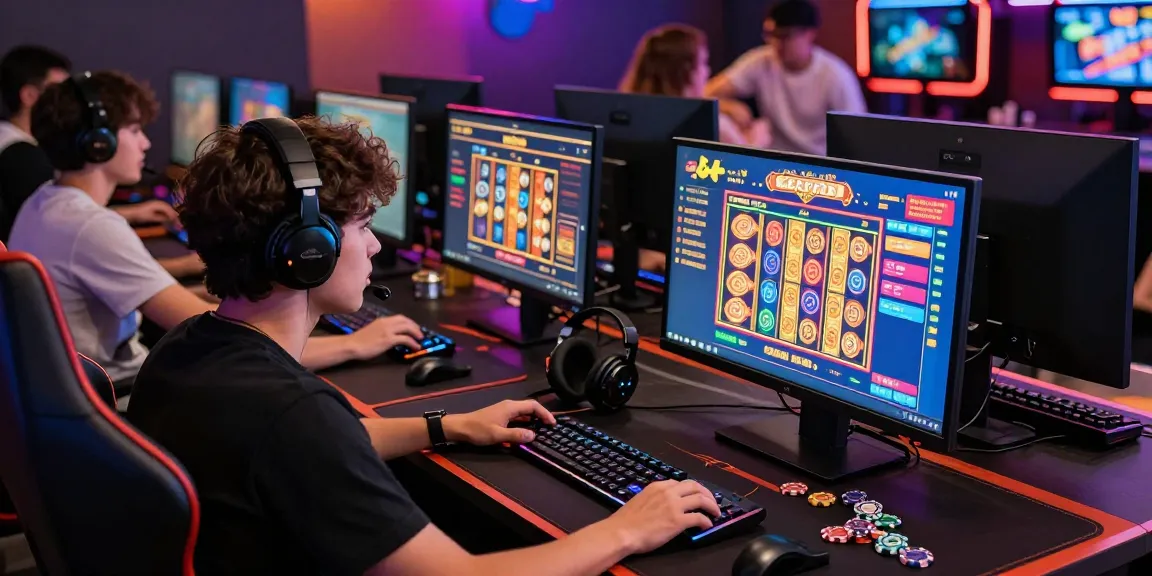 Engaging scene of a gamer immersed in slot gacor online gaming with vibrant screens and friends.