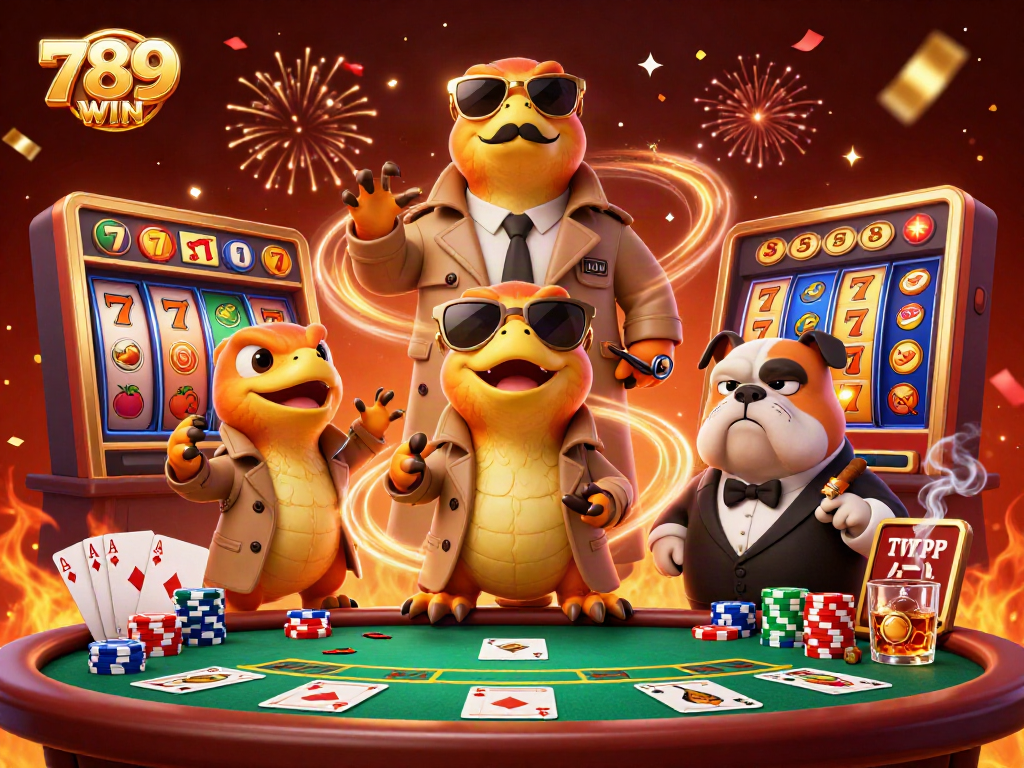 Experience excitement with 789WIN raptors trying to sneak into a VIP casino lounge amidst dynamic gambling elements.