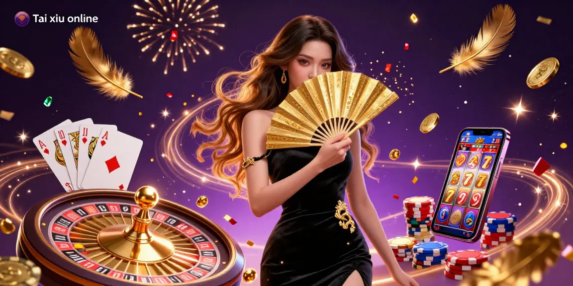 Experience thrilling gameplay with Tai xiu online, featuring a beautiful woman amid flying coins and vibrant casino elements.