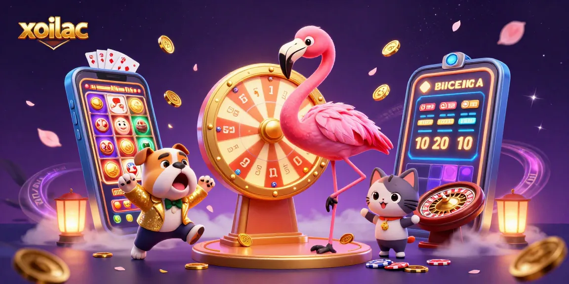 Experience exciting moments on xoilac with a flamingo host, bulldog contestant, and a cat assistant in a vibrant casino setting.