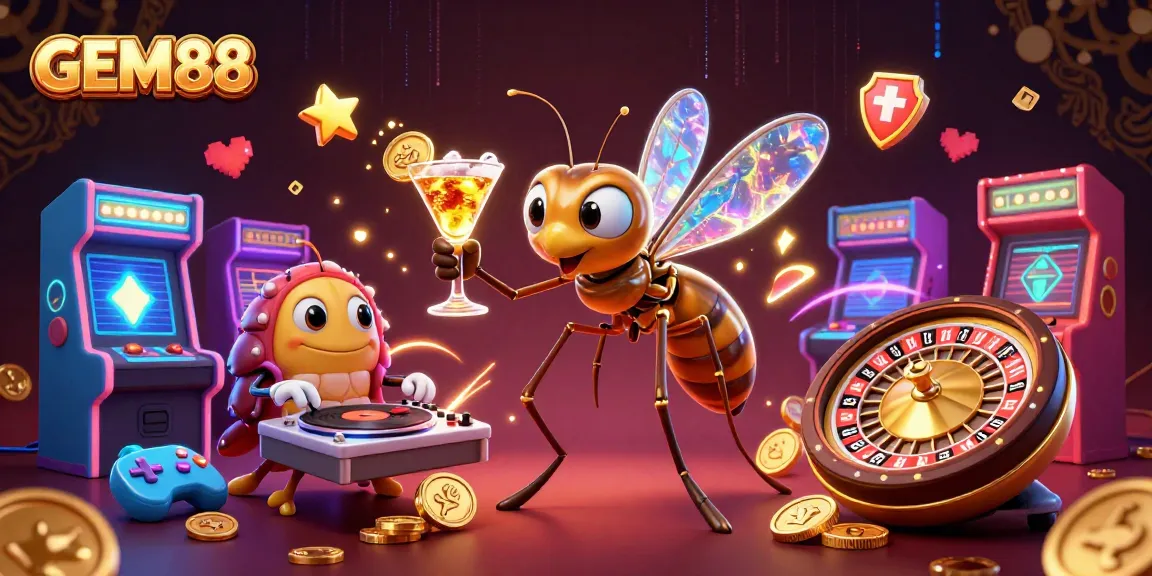 Experience GEM88's dynamic casino scene with vibrant characters and gaming elements
