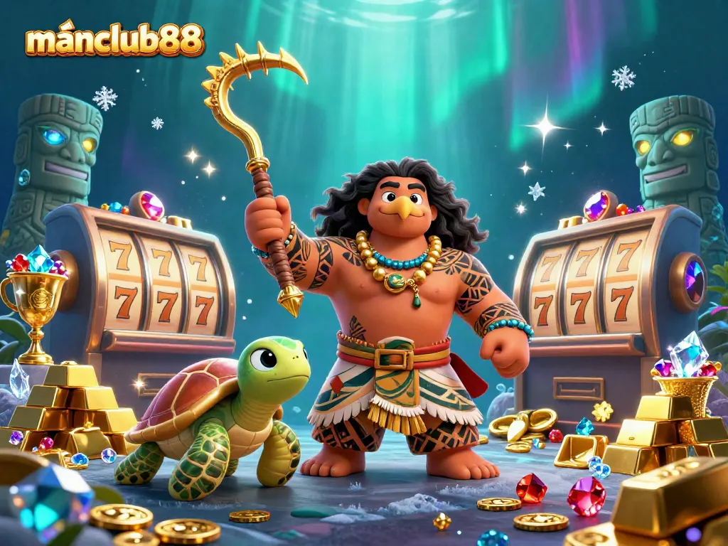 Win with manclub88 as lucky reels and gems surround a heroic demigod and turtle!