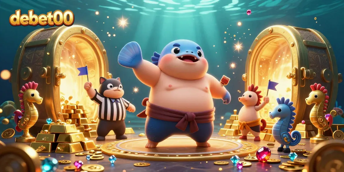 Experience the excitement of debet00 with a dynamic underwater casino scene featuring a fugu in a sumo belt.